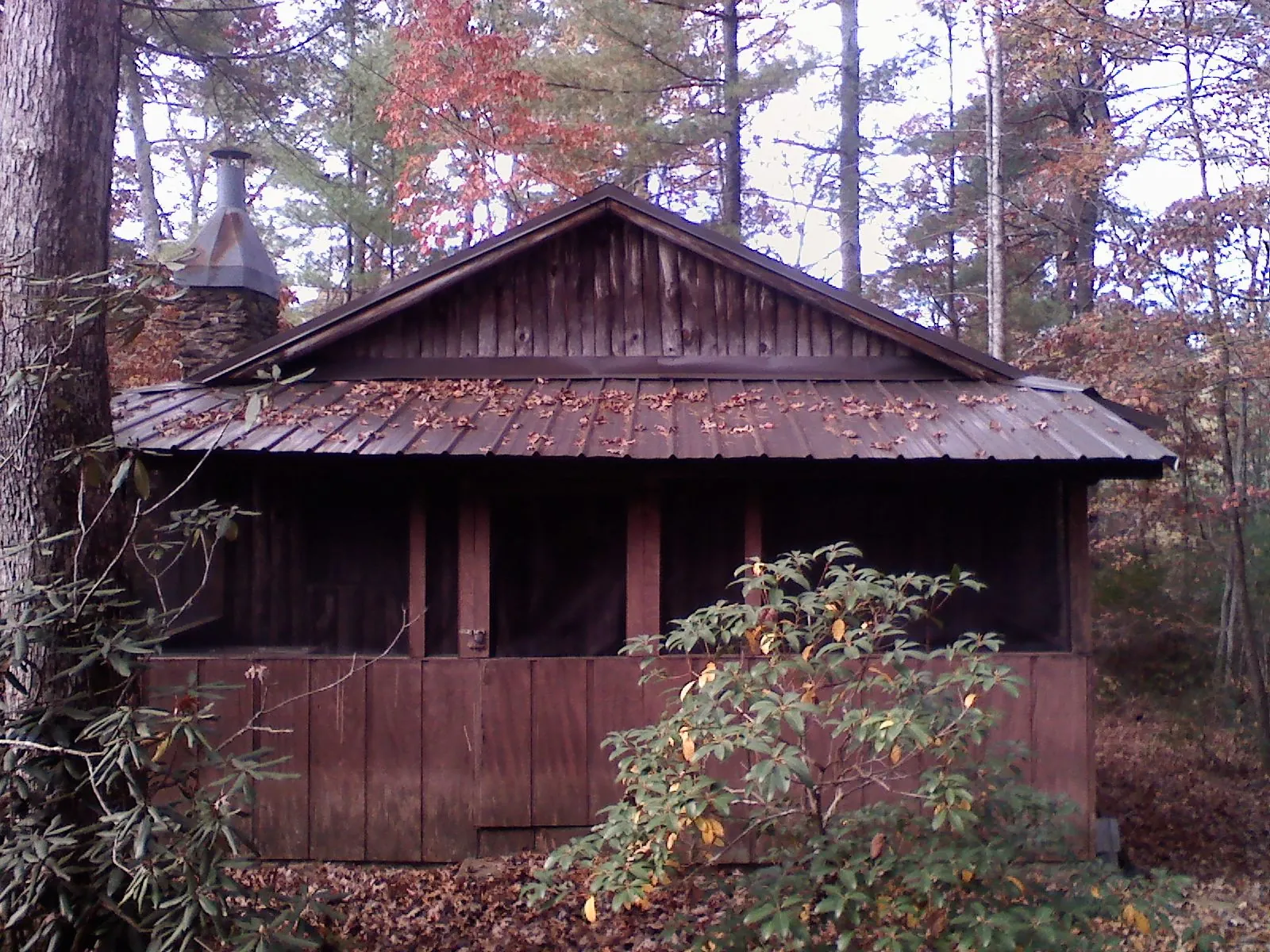 Metal roof over the screened porch of a rustic cabin in Carthage